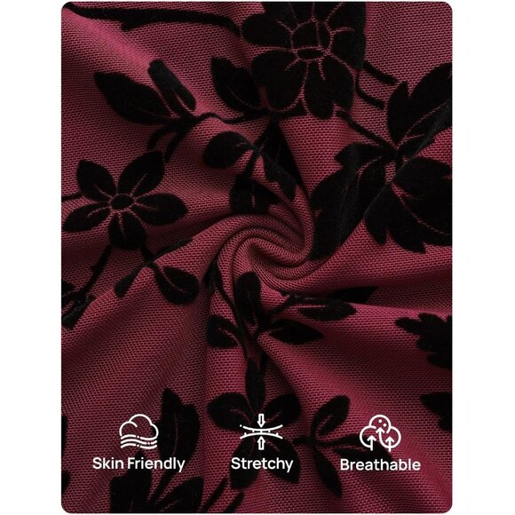 Zesica Women's Burgundy Ruched Mesh Long Sleeve Floral Bodycon Dress - Picture 5 of 5